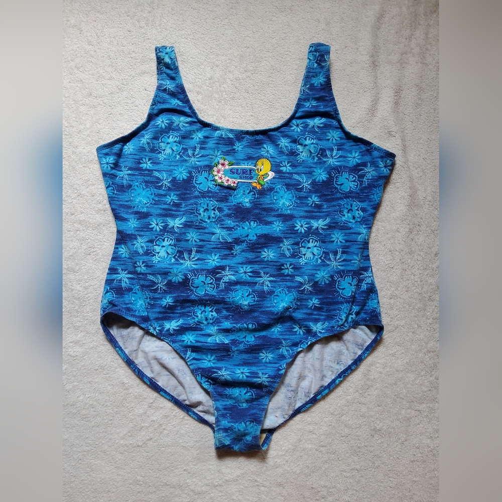Vintage 1999 Tweety Bird Surf Shop One Piece Swimsuit 22W/42 Blue Loony Tunes